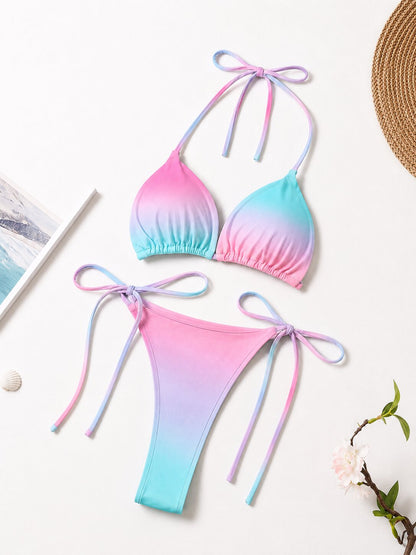 Damen String Tanga Bikini Set Rosa-Türkis Farbverlauf – Verstellbarer Triangel Bikini mit Bindebändern