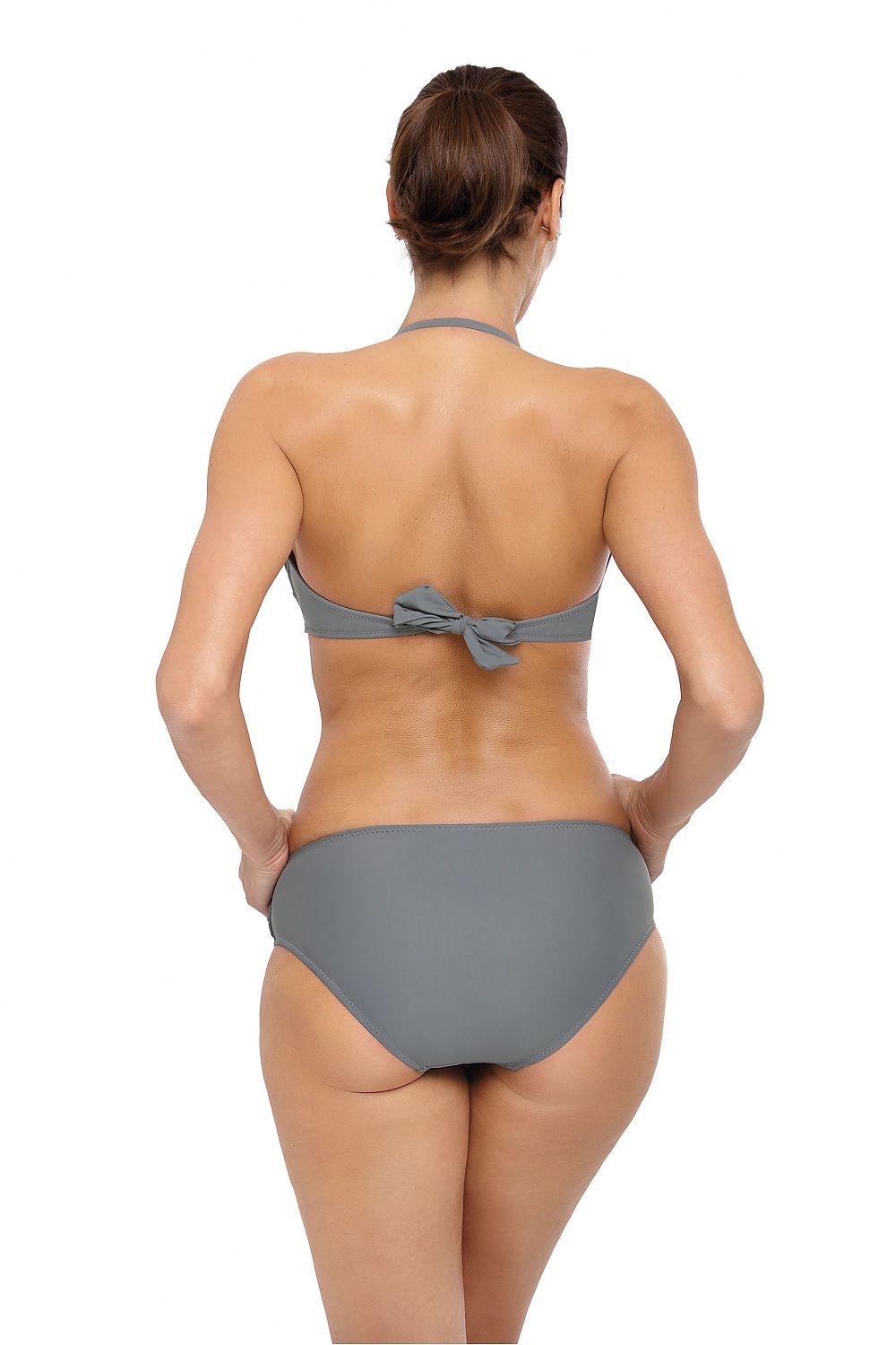Rückansicht eines grauen Bikinis mit gebundenem Oberteil und klassischem Höschen auf weißem Hintergrund.