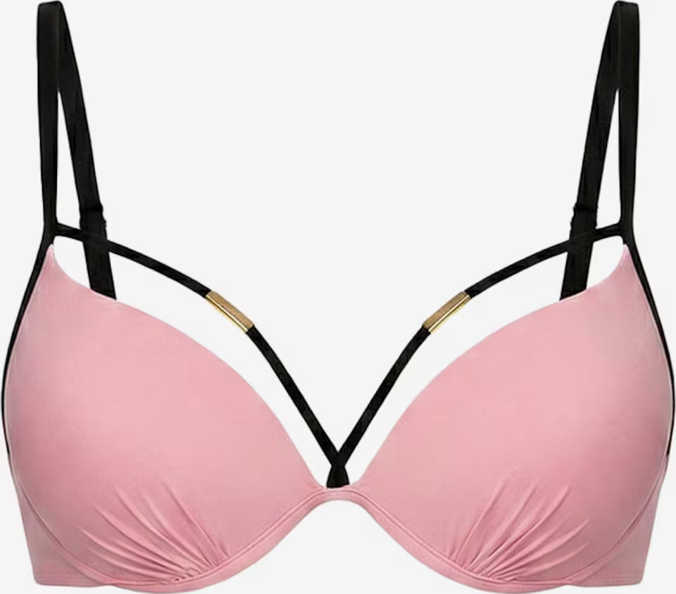 Hellrosa Bikini-Oberteil mit schwarzen Trägerdetails und gepolsterten Cups