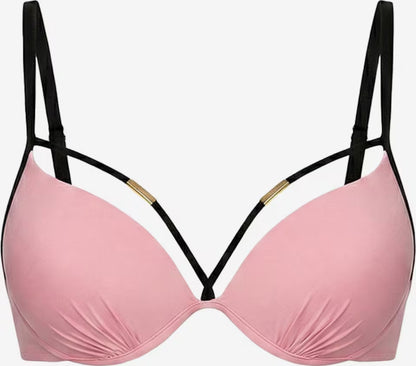 Hellrosa Bikini-Oberteil mit schwarzen Trägerdetails und gepolsterten Cups