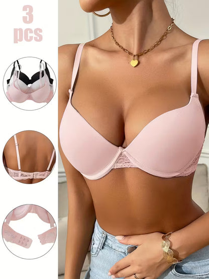 Damen BH aus 3er Pack in Rosa mit Bügel, glatten Cups und Spitzenbesatz vorne