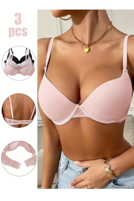 3er Pack Bügel BH Damen – Gepolstert mit Spitze in Rosa Weiß Schwarz