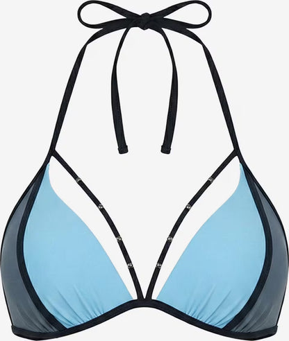 Hellblau-graues Triangel-Bikinioberteil mit schwarzen Zierträgern und Schmuckdetails