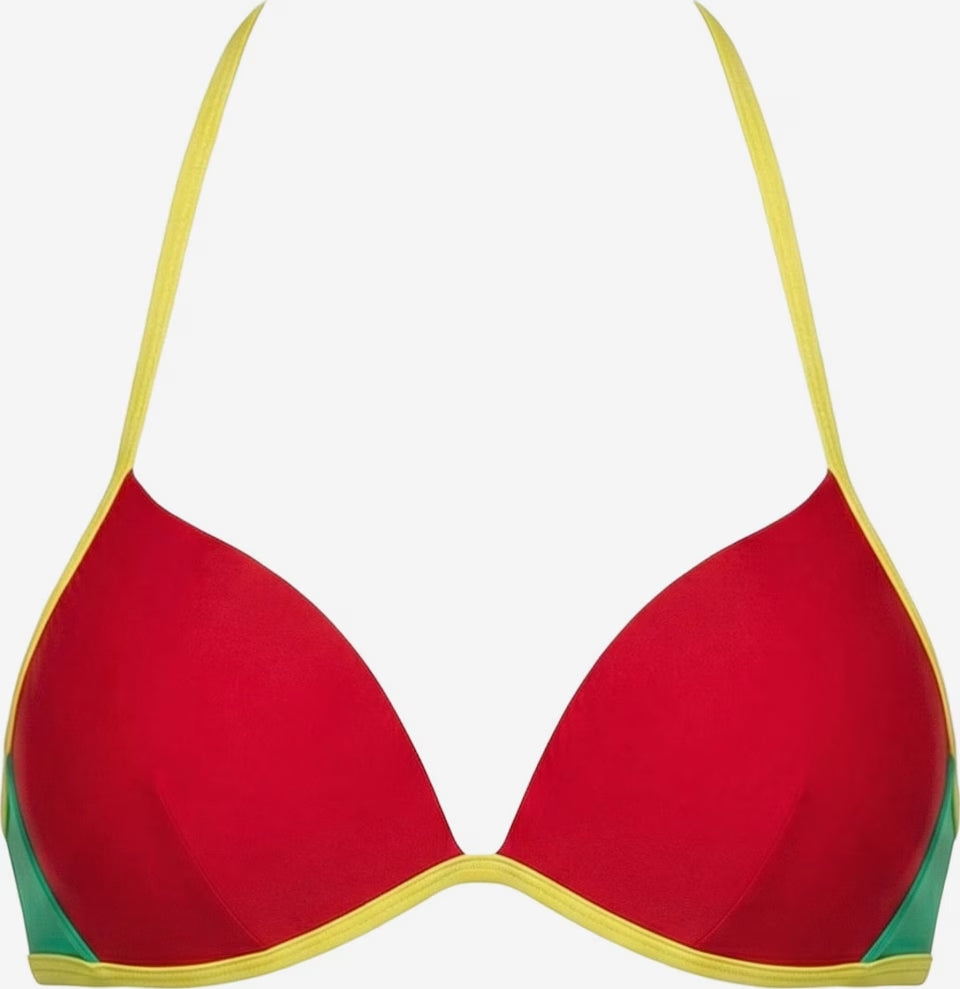 Studioaufnahme Vorderansicht des roten Push-up Bikinioberteil mit gelben Bändern