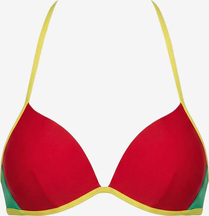 Studioaufnahme Vorderansicht des roten Push-up Bikinioberteil mit gelben Bändern