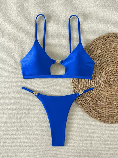 Sexy Bikini Set Damen Metallic mit Cut-Out High Cut Sommer Badeanzug
