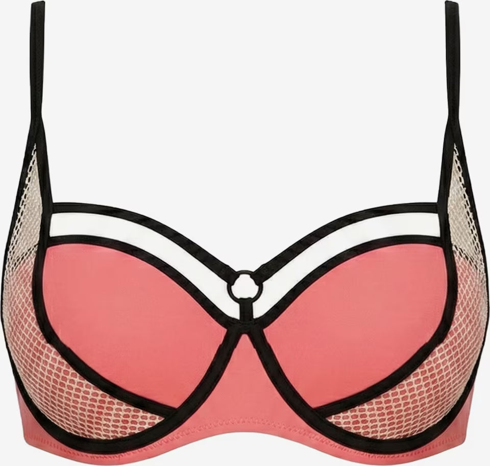 Korallfarbenes Push-up Bikini-Oberteil mit geformten Cups und schwarzen Mesh-Details