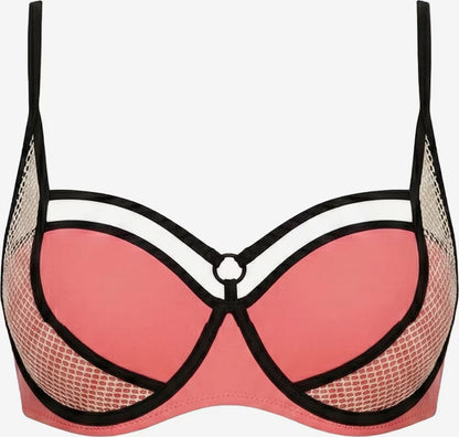 Korallfarbenes Push-up Bikini-Oberteil mit geformten Cups und schwarzen Mesh-Details