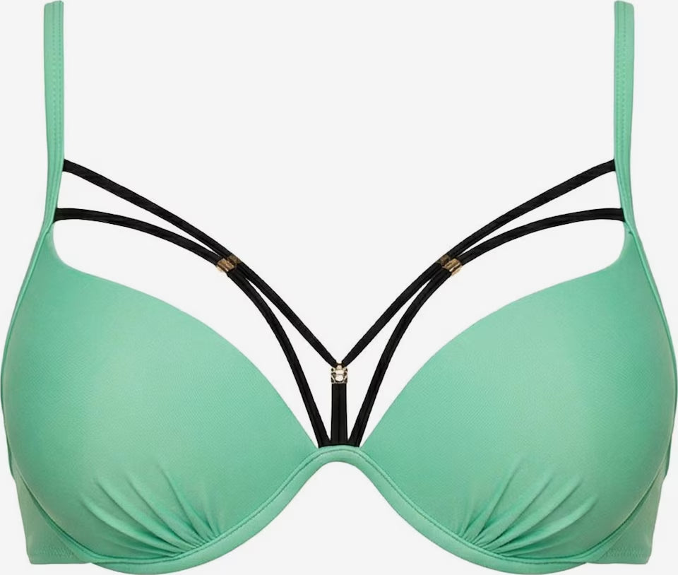 Mintgrünes gepolstertes Push-up Bikini-Oberteil mit Bügeln und schwarzen Dekolleté-Zierträgern