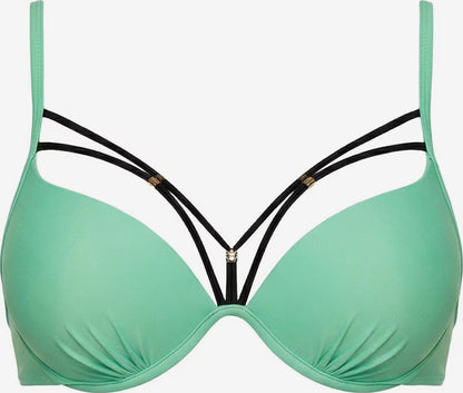 Mintgrünes gepolstertes Push-up Bikini-Oberteil mit Bügeln und schwarzen Dekolleté-Zierträgern