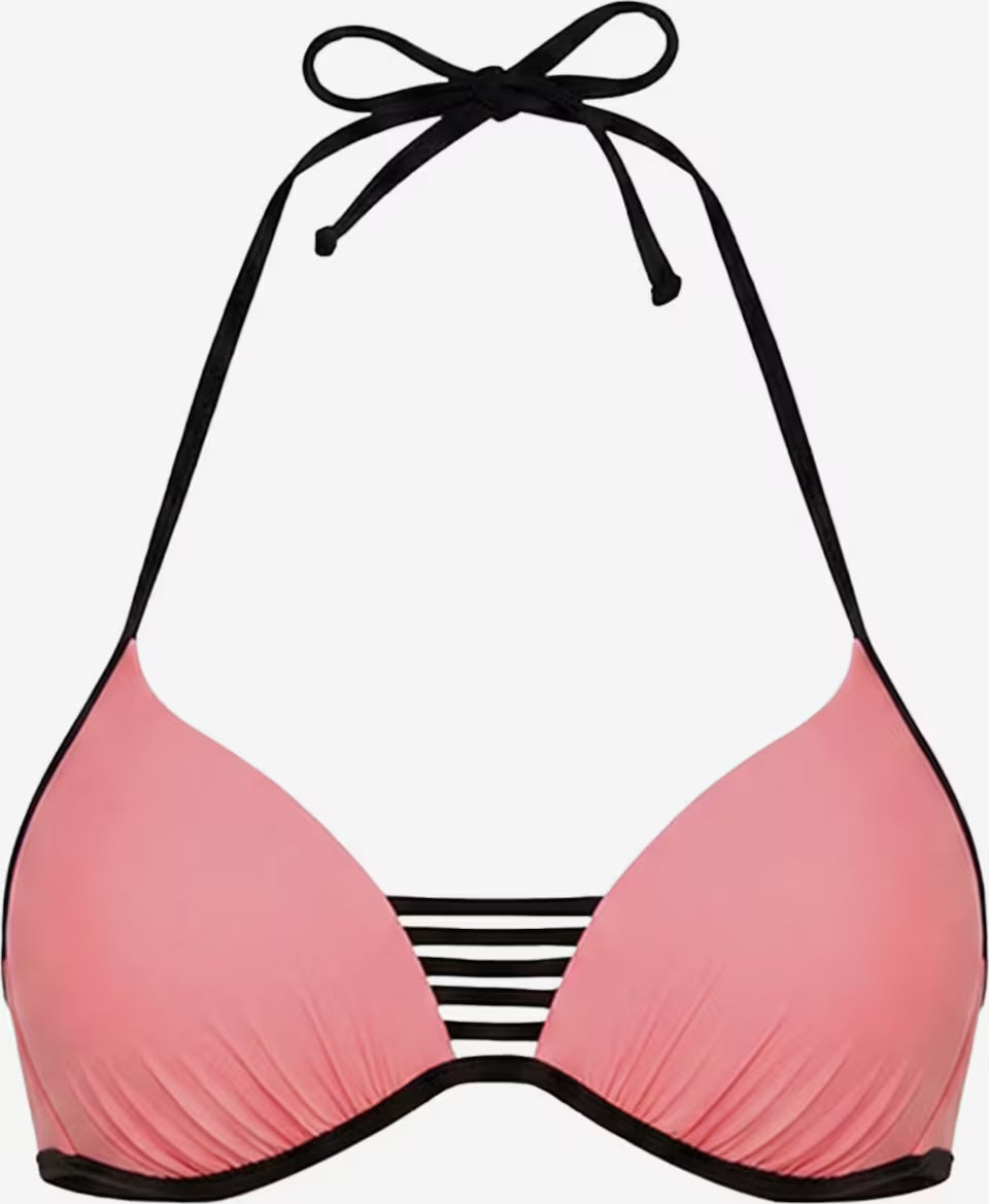 Rosa Push-up Bikinioberteil mit thermogeformten Cups und schwarzen Mehrfachbändern