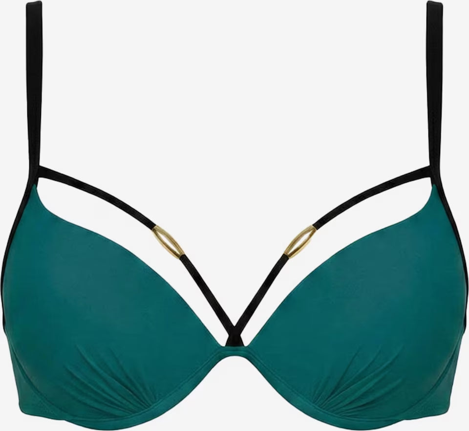 Petrolfarbenes Bikini-Oberteil mit schwarzen Trägerdetails und goldfarbenen Zierelementen