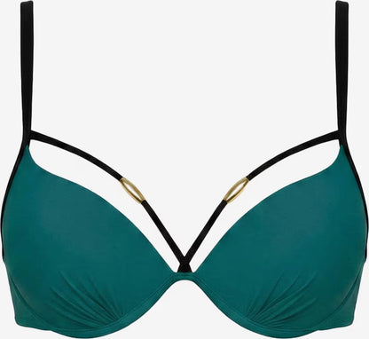 Petrolfarbenes Bikini-Oberteil mit schwarzen Trägerdetails und goldfarbenen Zierelementen