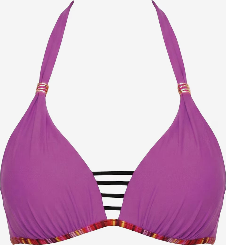 Lila Push-up Neckholder Bikinioberteil mit schwarzen Dekolleté-Riemen und gestreiftem Abschluss