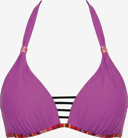 Lila Push-up Neckholder Bikinioberteil mit schwarzen Dekolleté-Riemen und gestreiftem Abschluss