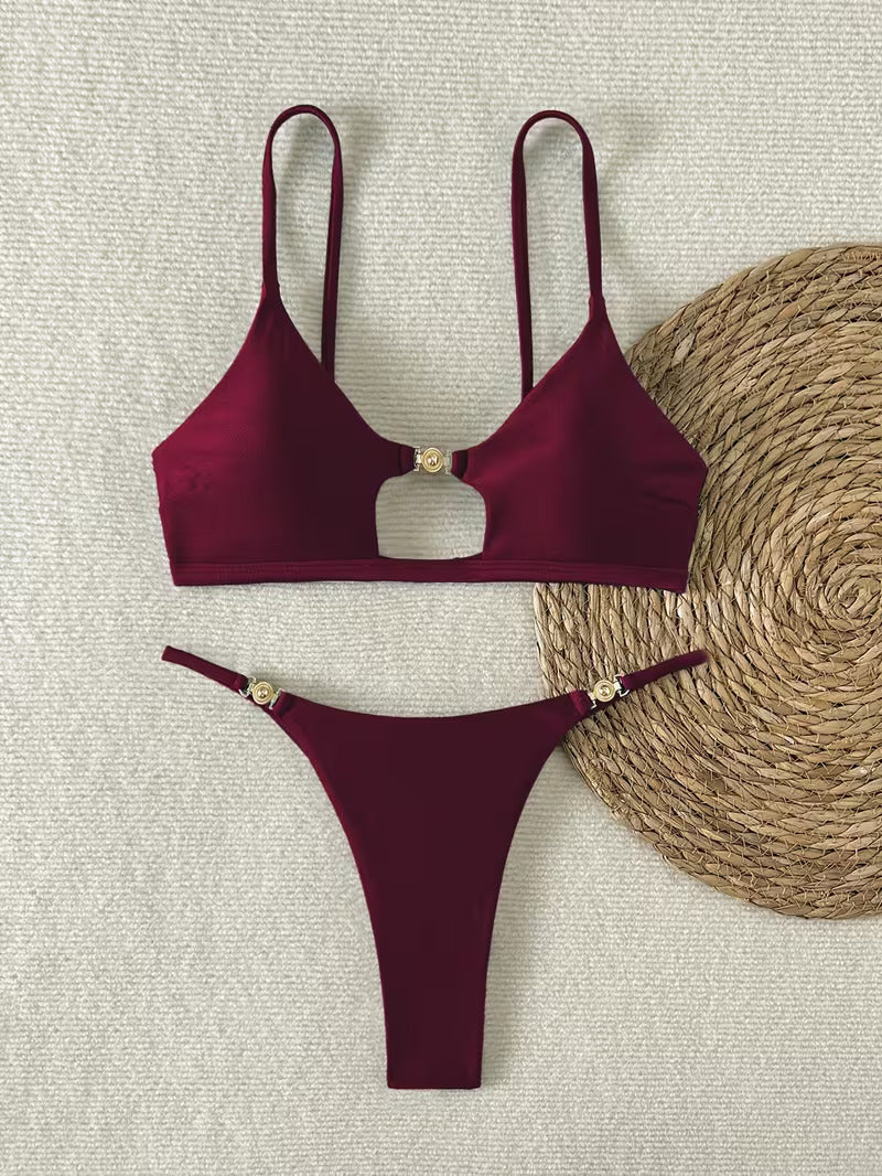 Sexy Bikini Set Damen Metallic mit Cut-Out High Cut Sommer Badeanzug