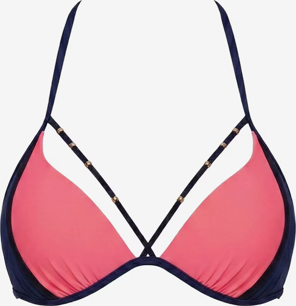 Korallrosa-dunkelblaues Triangel-Bikinioberteil mit Zierträgern und Schmuckdetails