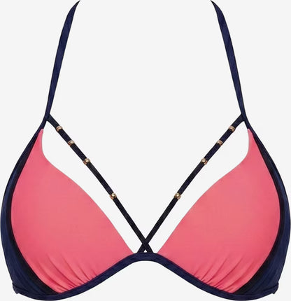 Korallrosa-dunkelblaues Triangel-Bikinioberteil mit Zierträgern und Schmuckdetails