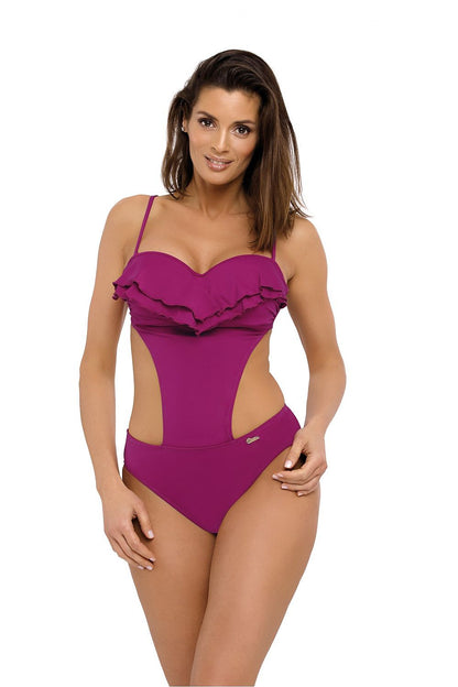 Fuchsiafarbener Rüschen-Monokini mit geformten Push-up Cups und Cut-outs, Frontansicht im Studio