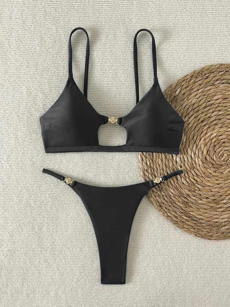 Sexy Bikini Set Damen Metallic mit Cut-Out High Cut Sommer Badeanzug
