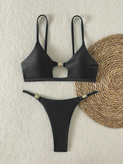 Sexy Bikini Set Damen Metallic mit Cut-Out High Cut Sommer Badeanzug