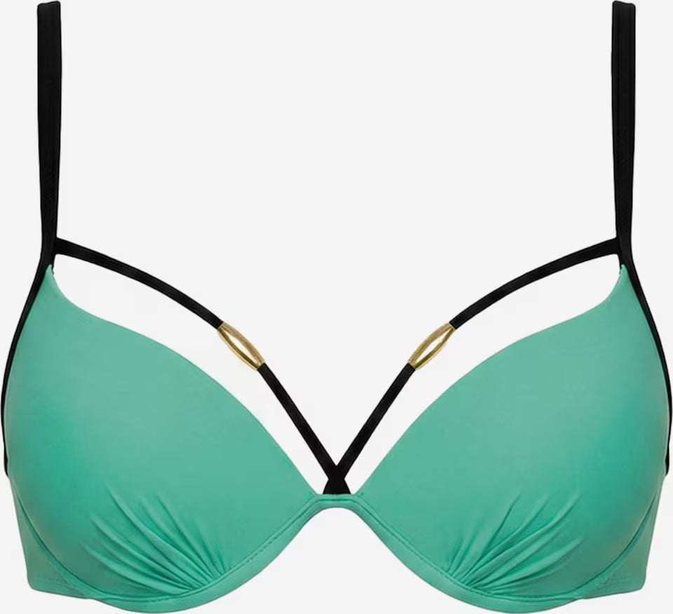 Mintgrünes Bikini-Oberteil mit schwarzen Trägerdetails und goldfarbenen Zierelementen