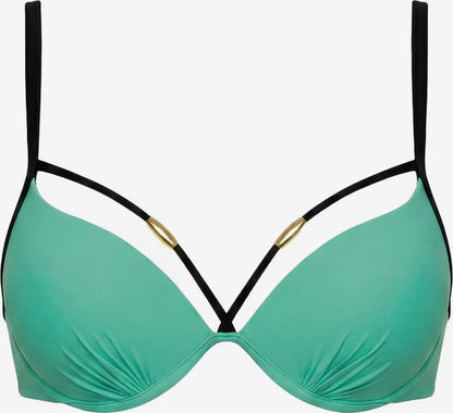 Mintgrünes Bikini-Oberteil mit schwarzen Trägerdetails und goldfarbenen Zierelementen