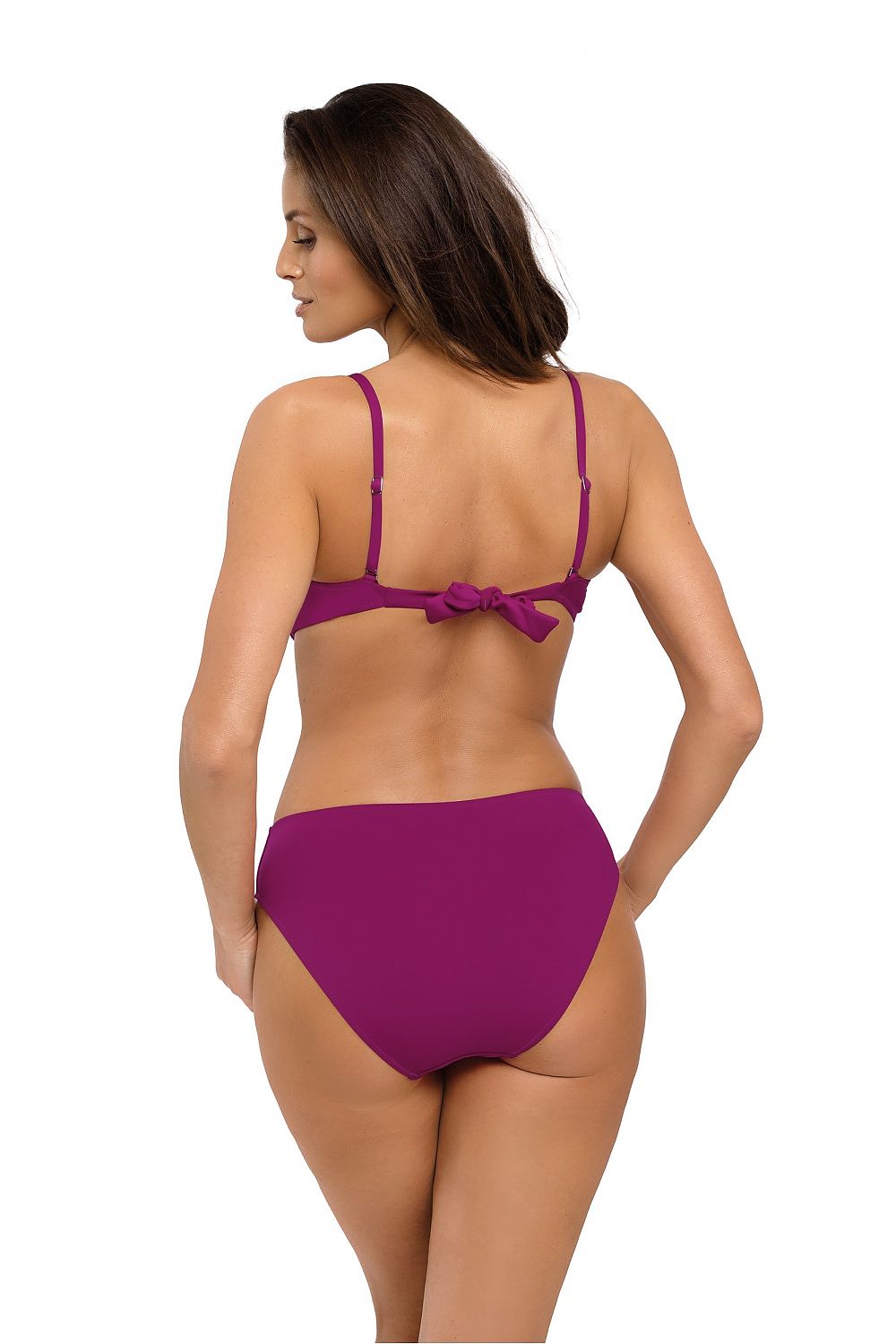 Fuchsiafarbener Monokini mit Bindeband am Rücken und abnehmbaren Trägern, Rückansicht