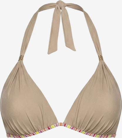 Taupefarbenes Push-up Bikini-Oberteil mit Neckholder-Bindung und mehrfarbig gestreifter Zierkante