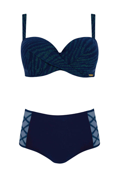 Tiefblauer Bikini Costa Brava 2 als Produktbild mit strukturiertem Bügel-BH und Höschen mit dekorativen Seitendetails