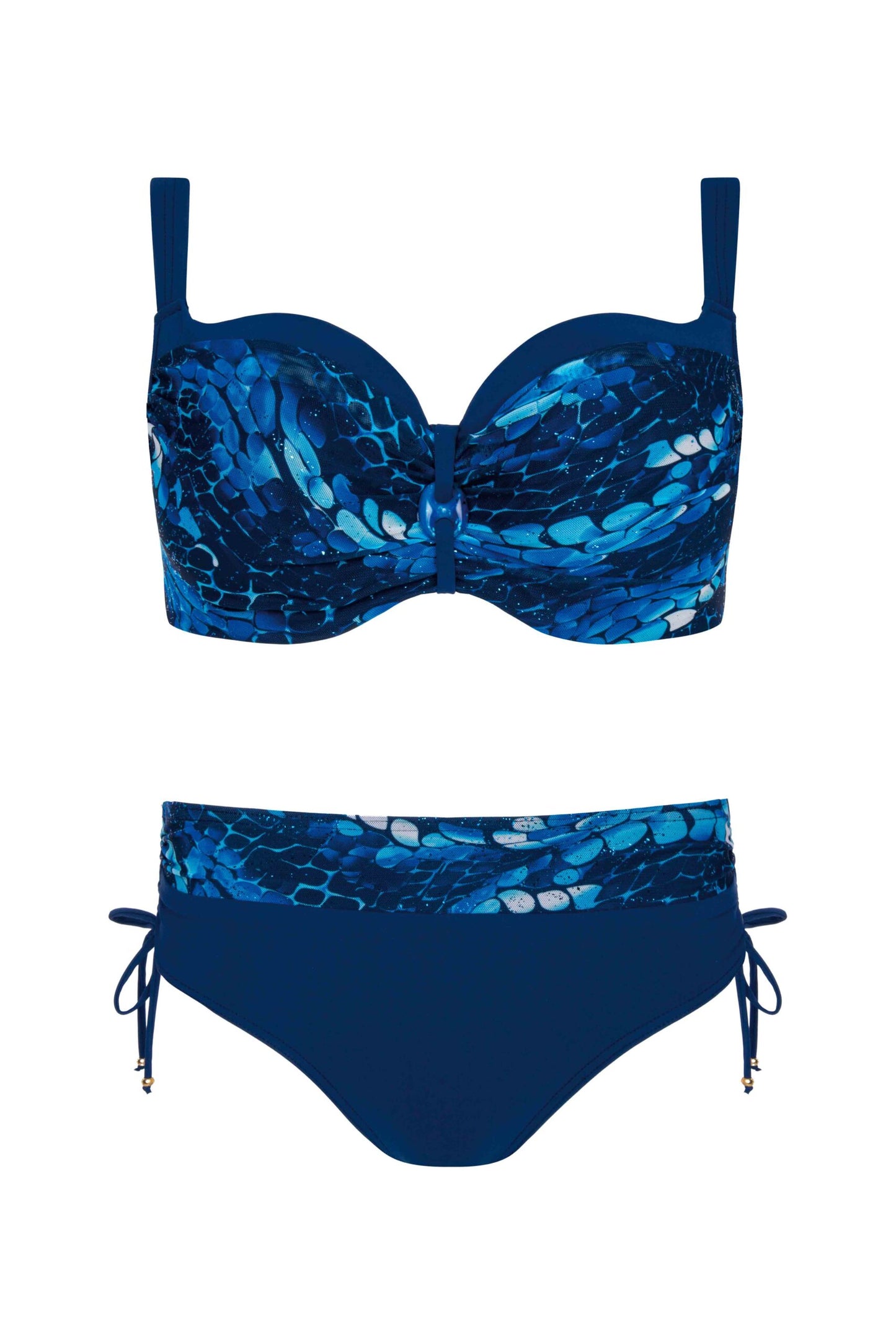 Vorderansicht des Bikini Adriatic 3 in Granatblau mit gemustertem Bügel-Oberteil und High-Waist Slip