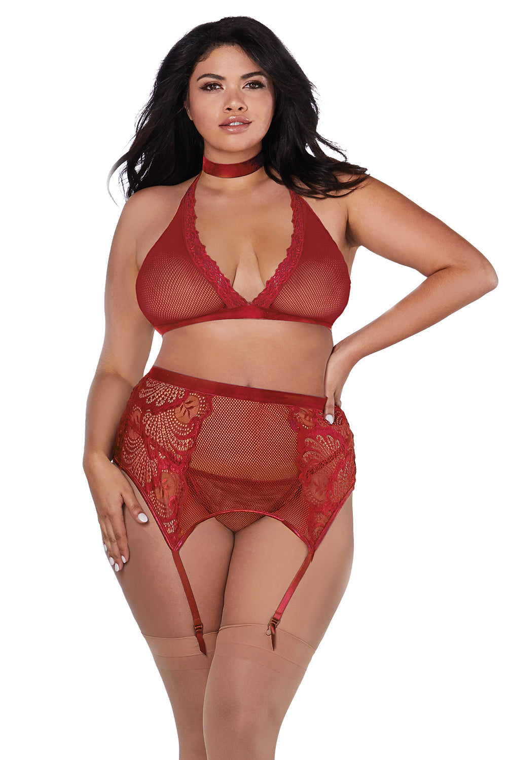 Four-piece suspender bra set made of mesh and lace with elastic satin accents