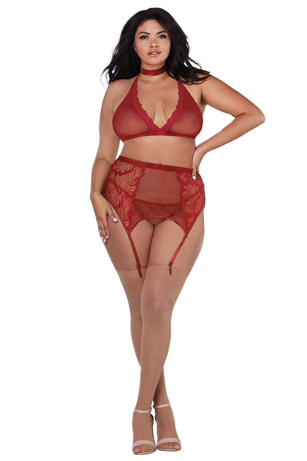 Four-piece suspender bra set made of mesh and lace with elastic satin accents