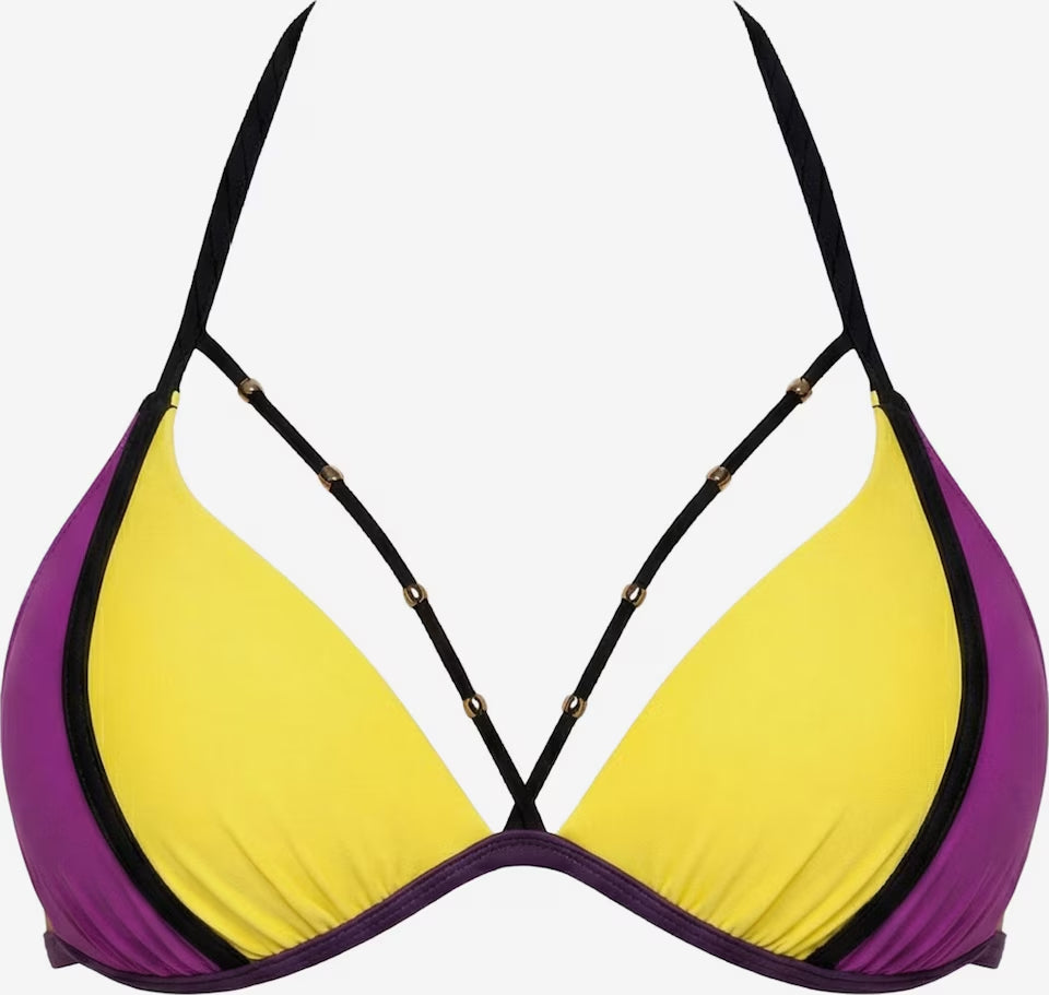 Gelb-violettes Bikinioberteil mit schwarzen Zierträgern und goldfarbenen Perlen