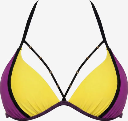 Gelb-violettes Bikinioberteil mit schwarzen Zierträgern und goldfarbenen Perlen