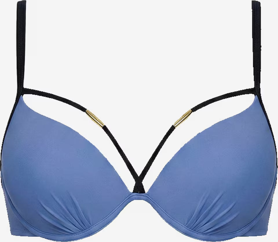 Lavendelblaues Bikini-Oberteil mit schwarzen Trägern und goldfarbenen Zierelementen