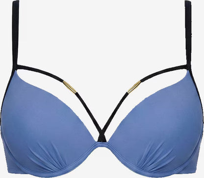 Lavendelblaues Bikini-Oberteil mit schwarzen Trägern und goldfarbenen Zierelementen