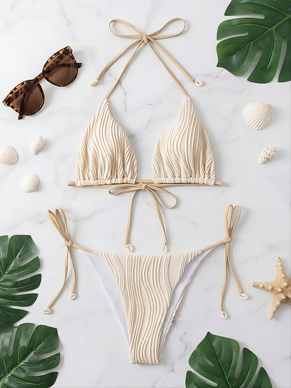 Flachliegendes Damen Bikini Set in Cremeweiß mit gerippter Struktur und Bindebändern
