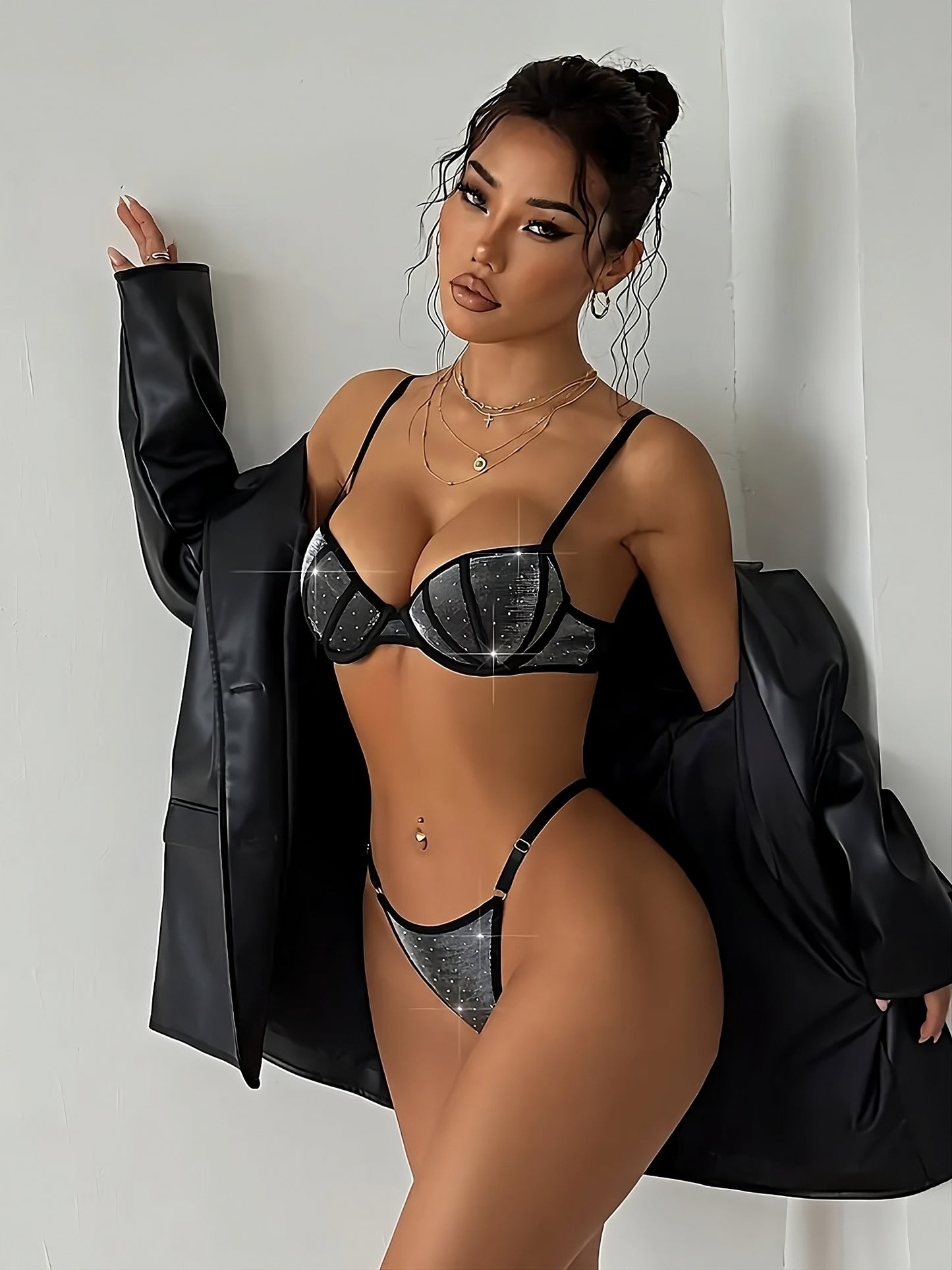 Glitzer Glänzendes Dessous Bügel BH Set Schwarz Damen Unterwäsche Festival Cup B