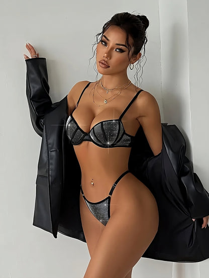 Glitzer Glänzendes Dessous Bügel BH Set Schwarz Damen Unterwäsche Festival Cup B