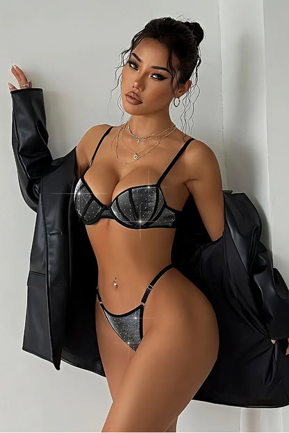 Glitzer Glänzendes Dessous Bügel BH Set Schwarz Damen Unterwäsche Festival Cup B