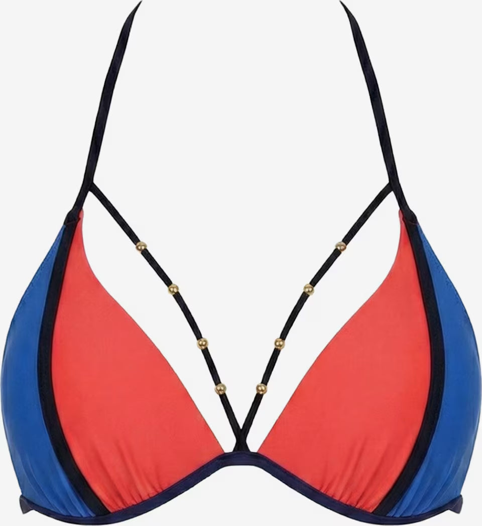 Korallrot-blaues Bikinioberteil mit schwarzen Zierträgern und goldfarbenen Perlen