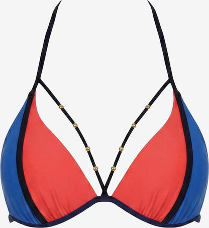 Korallrot-blaues Bikinioberteil mit schwarzen Zierträgern und goldfarbenen Perlen