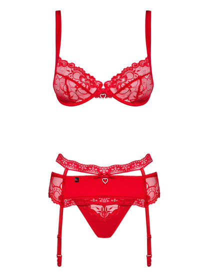 Heartina underwire bra set in red including garter belt and thong