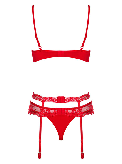 Heartina underwire bra set in red including garter belt and thong