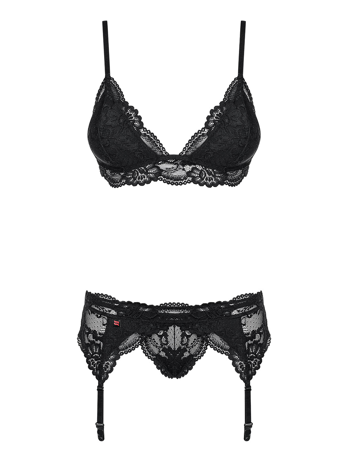 Seductive black set with eye-catching lace decoration consisting of bra, garter belt and thong