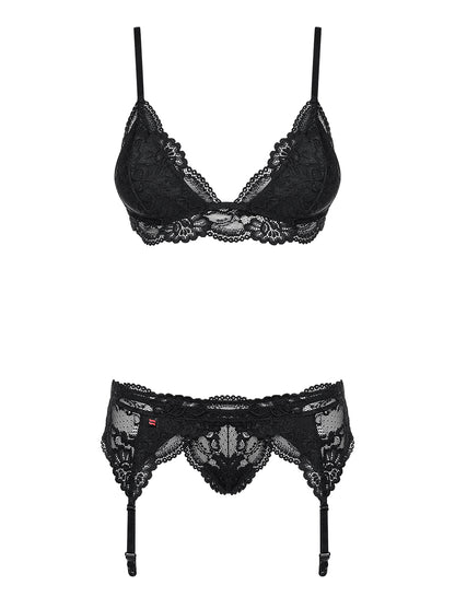 Seductive black set with eye-catching lace decoration consisting of bra, garter belt and thong