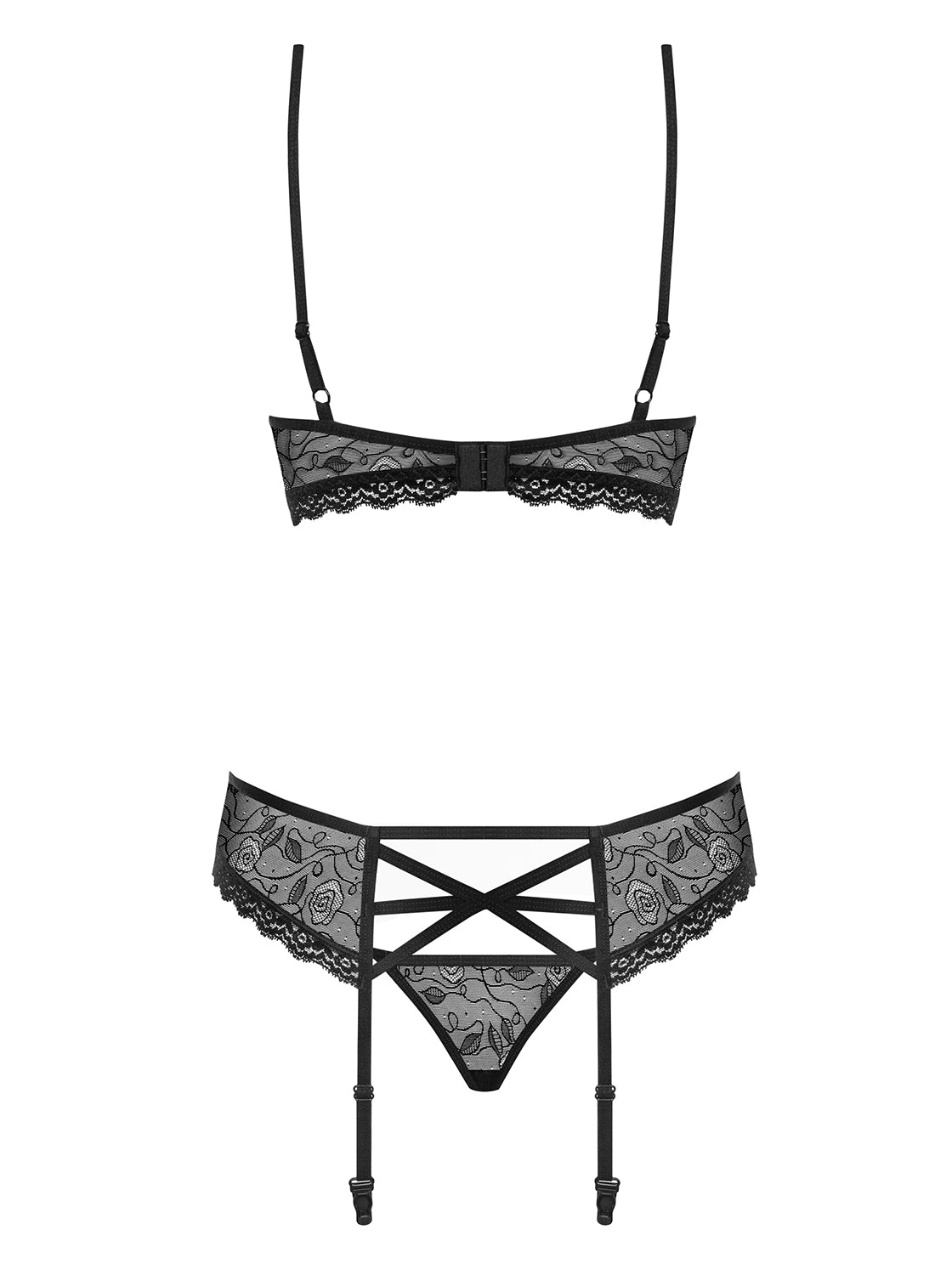 Great set lace bra set with rose motif including garter belt and thong