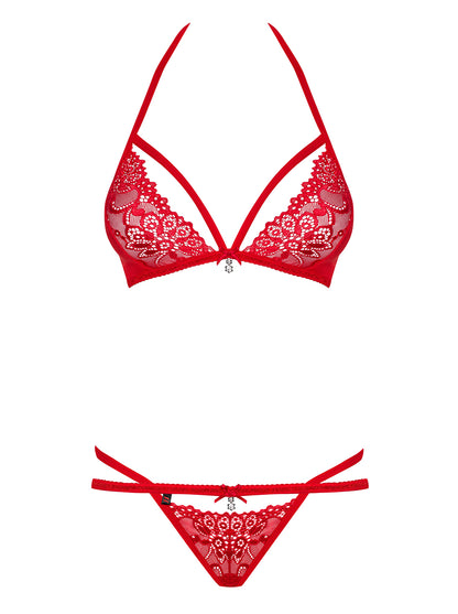 Charming red bra set with lace and shiny decorative details