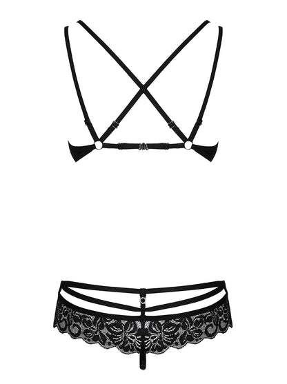 Sensual bra set made of black lace with beautiful rose pattern